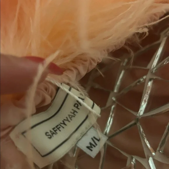 SAFFIYYAH PAUL Ostrich Feather Peach High Neck Open Back Mini Dress M/L Backless